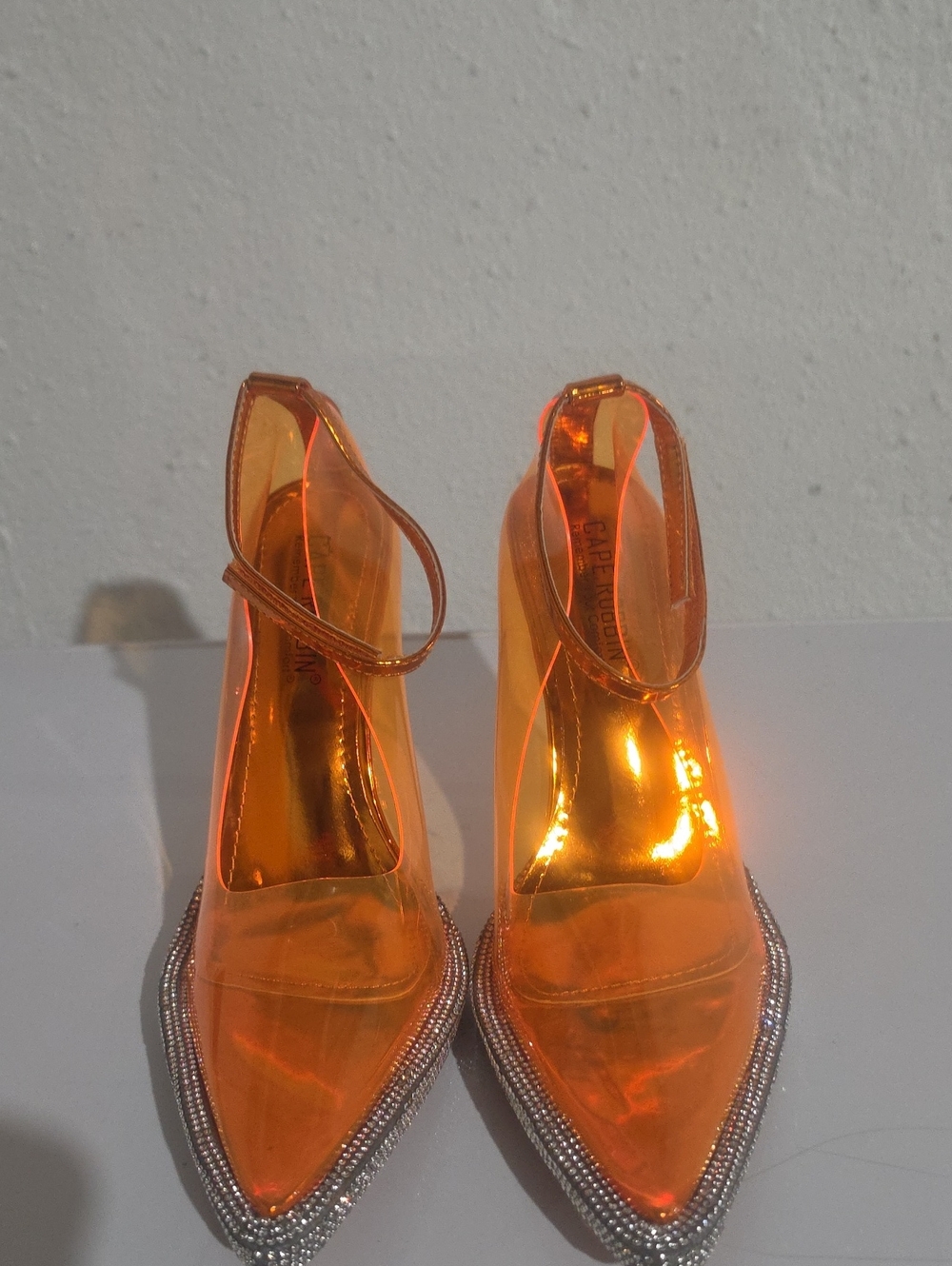 Cape Robbin Mada Orange Clear Rubber Pointed Toe Ankle Strap Pumps